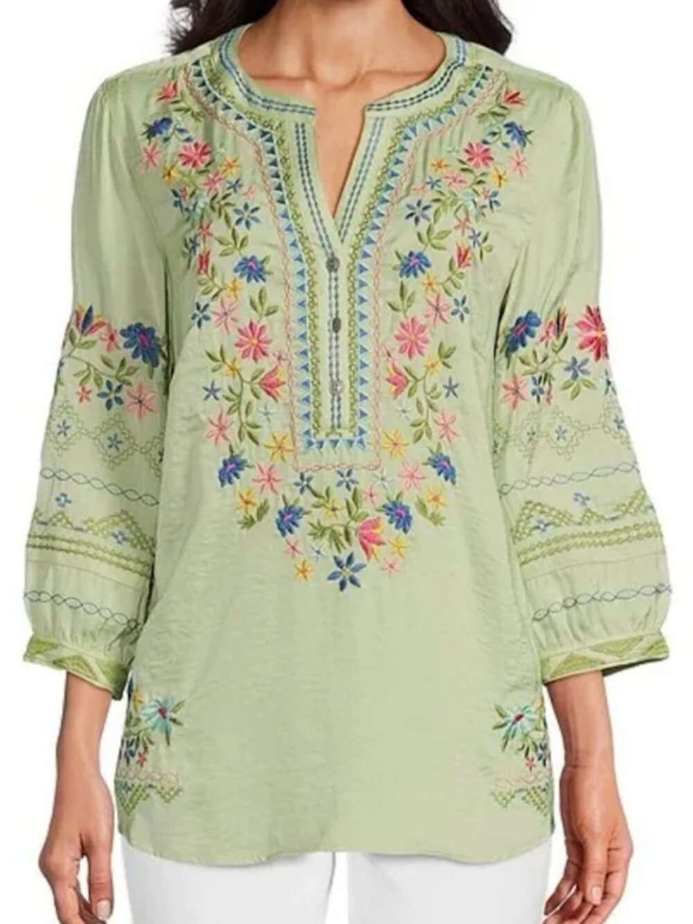 John Mark Top Embroidered Green Size Small 3/4 Sleeve Floral Peasant Boho